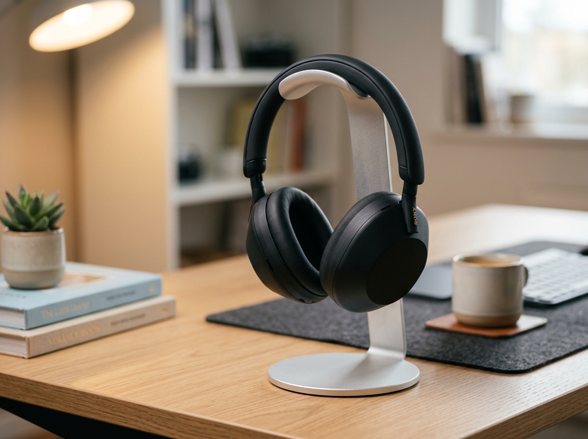 Minimalist Aluminum Desk Setup with Sony XM5